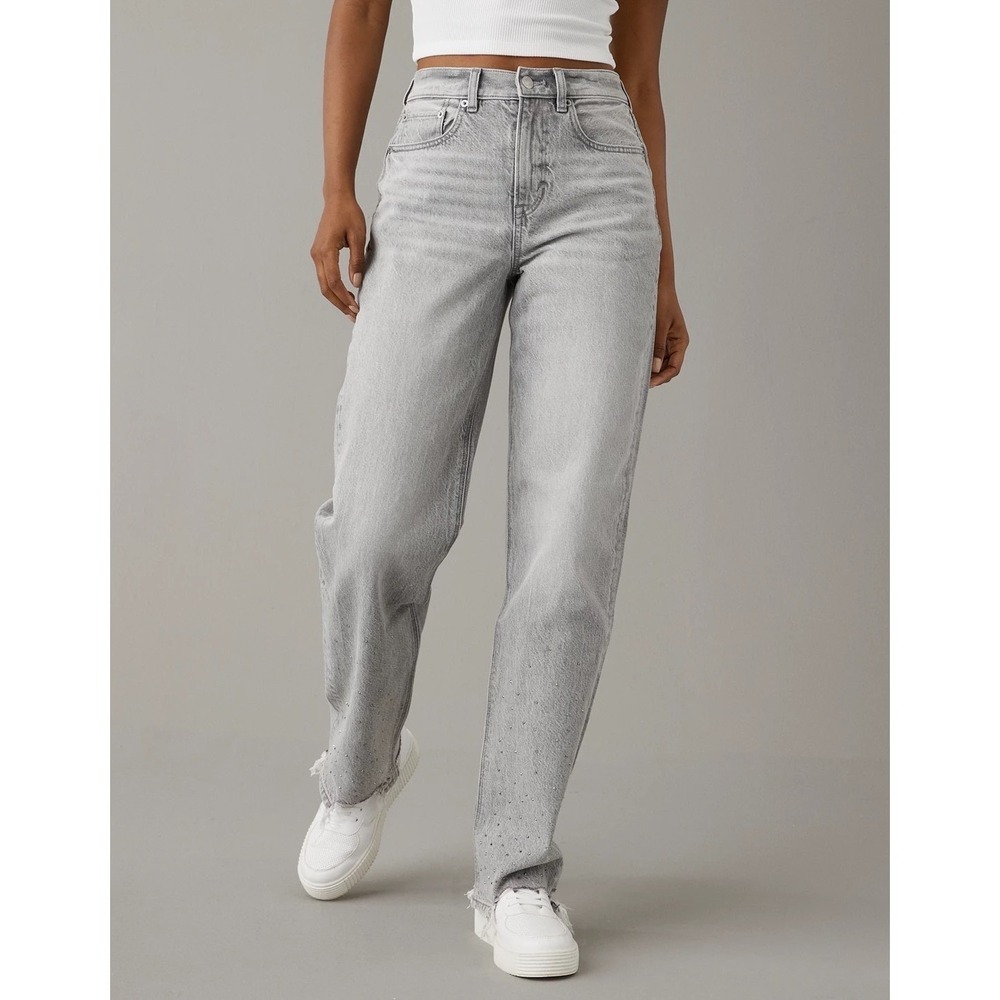 AE Rhinestoned Super High-Waist Baggy-Straight Glacier Gray Raw Hem Strigid Jean